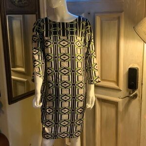 Jones New York Long Sleeve Geometric Dress - Black, Green, White